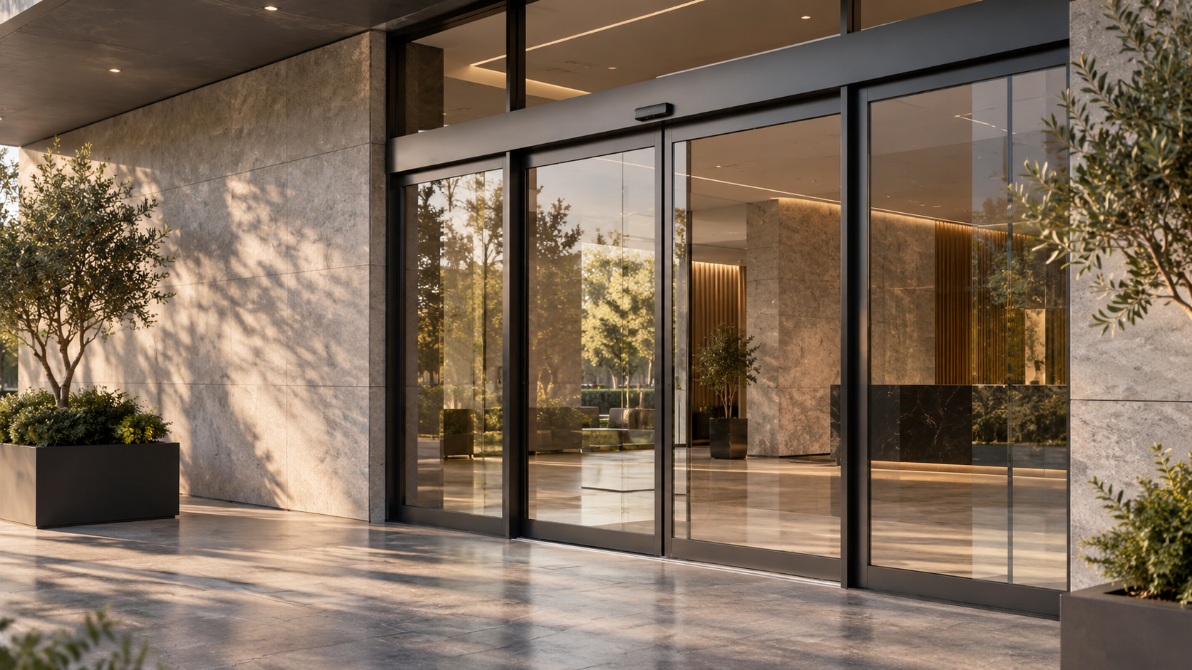 Puerta automática corrediza de cristal en un acceso comercial moderno
